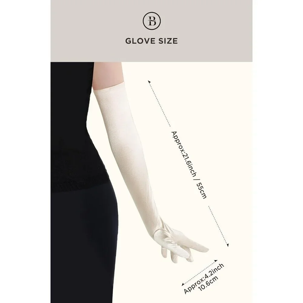 Women's Champagne Vintage Satin Long Gloves Party Costume Stretchy Elbow Length